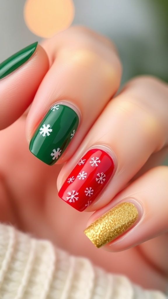 Close-up of short Christmas-themed nail art with red, green, and white designs.